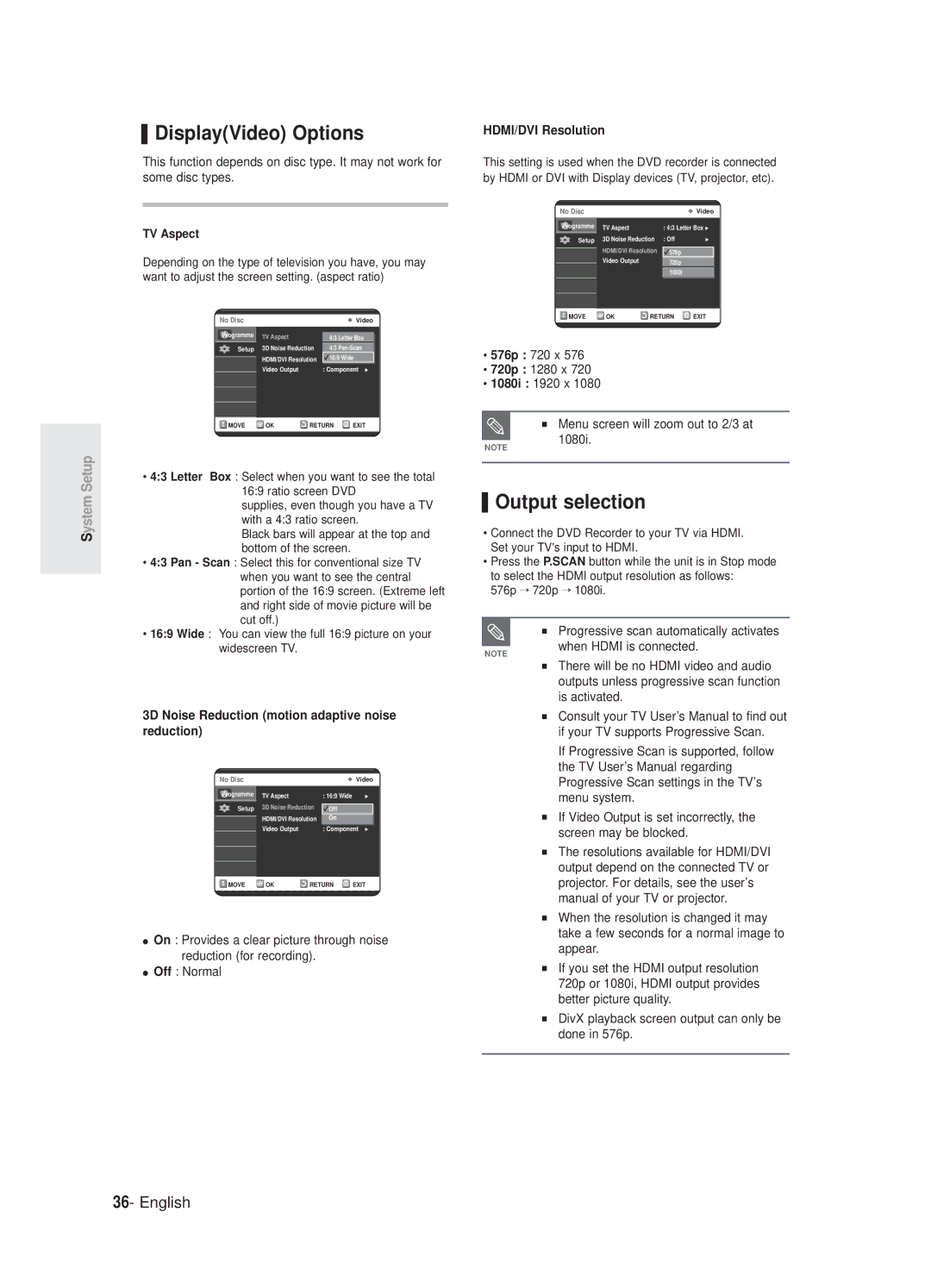 Samsung DVD-R125 instruction manual DisplayVideo Options 