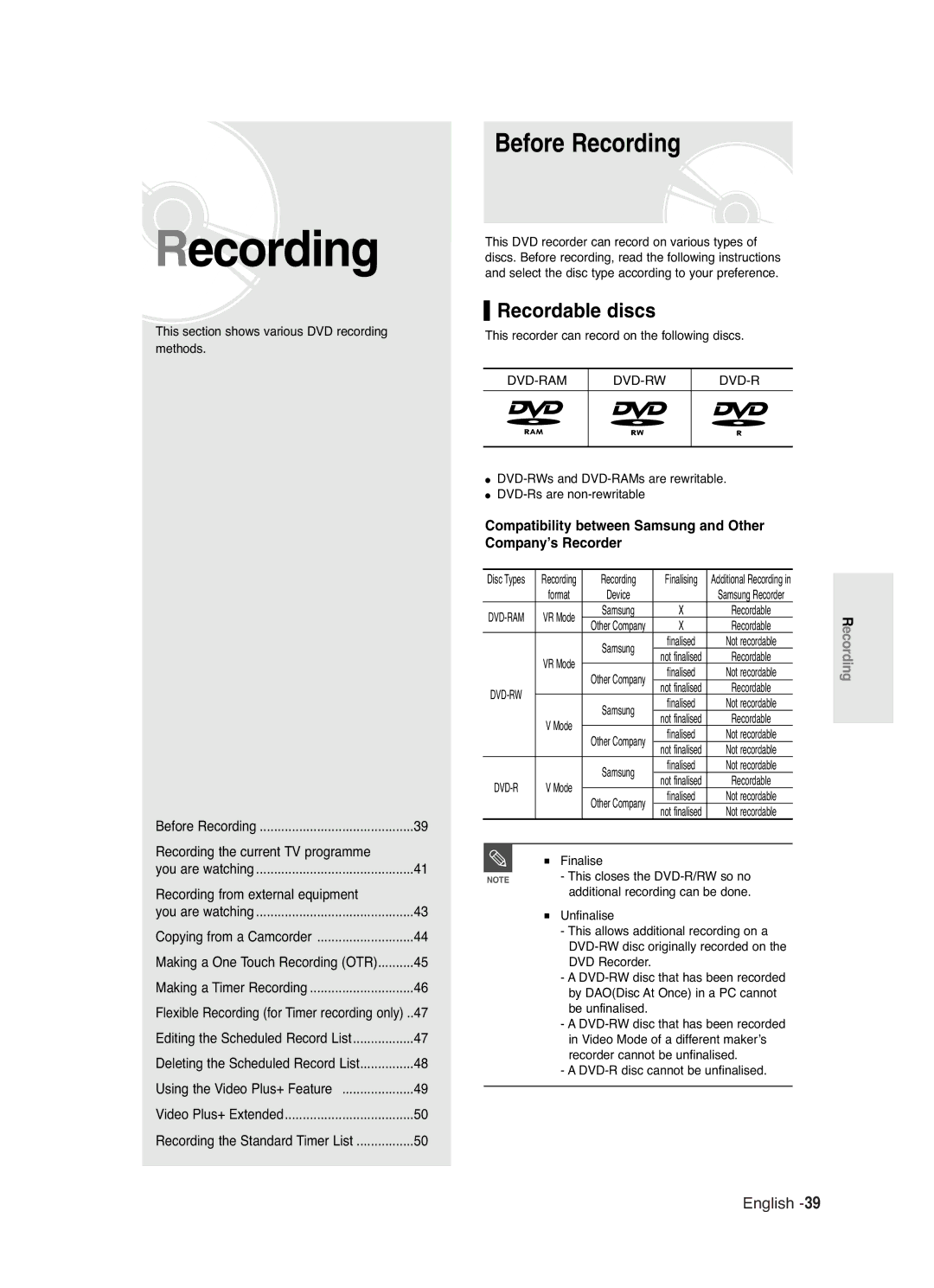 Samsung DVD-R125 Before Recording, Recordable discs, Compatibility between Samsung and Other Company’s Recorder 