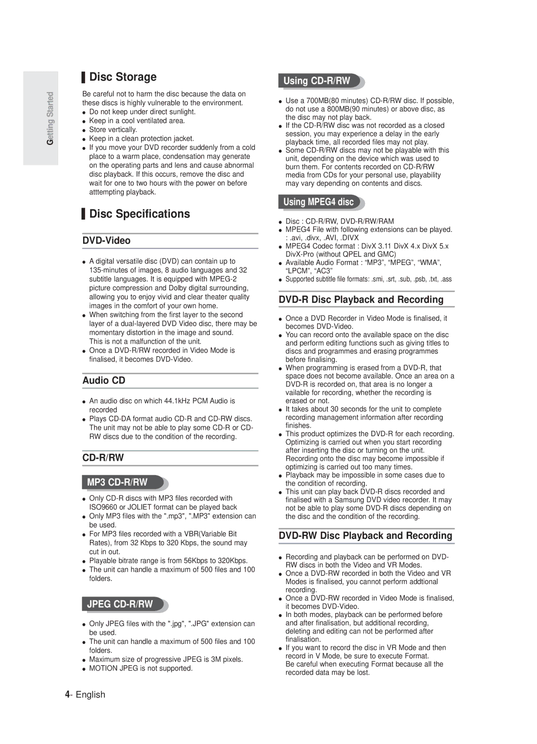 Samsung DVD-R125 instruction manual Using CD-R/RW, Using MPEG4 disc 