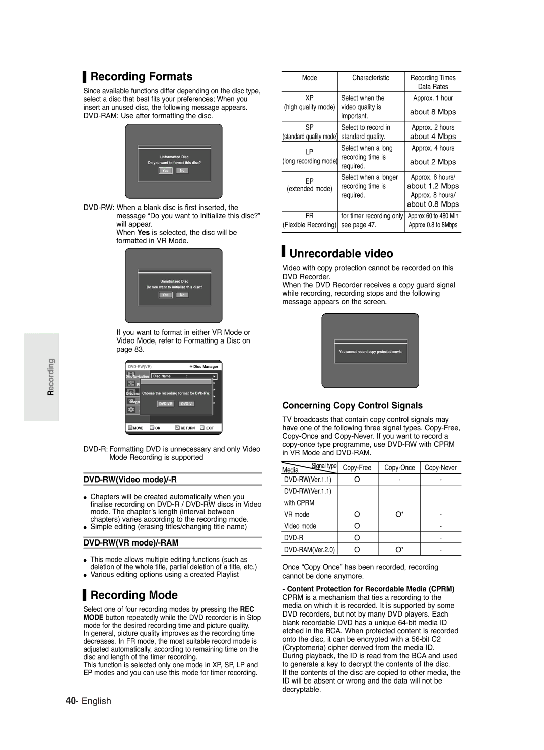 Samsung DVD-R125 instruction manual Recording Formats, Recording Mode, Unrecordable video, Concerning Copy Control Signals 