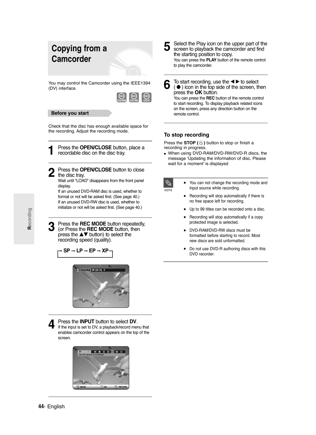 Samsung DVD-R125 instruction manual Copying from a Camcorder, Press the Input button to select DV 