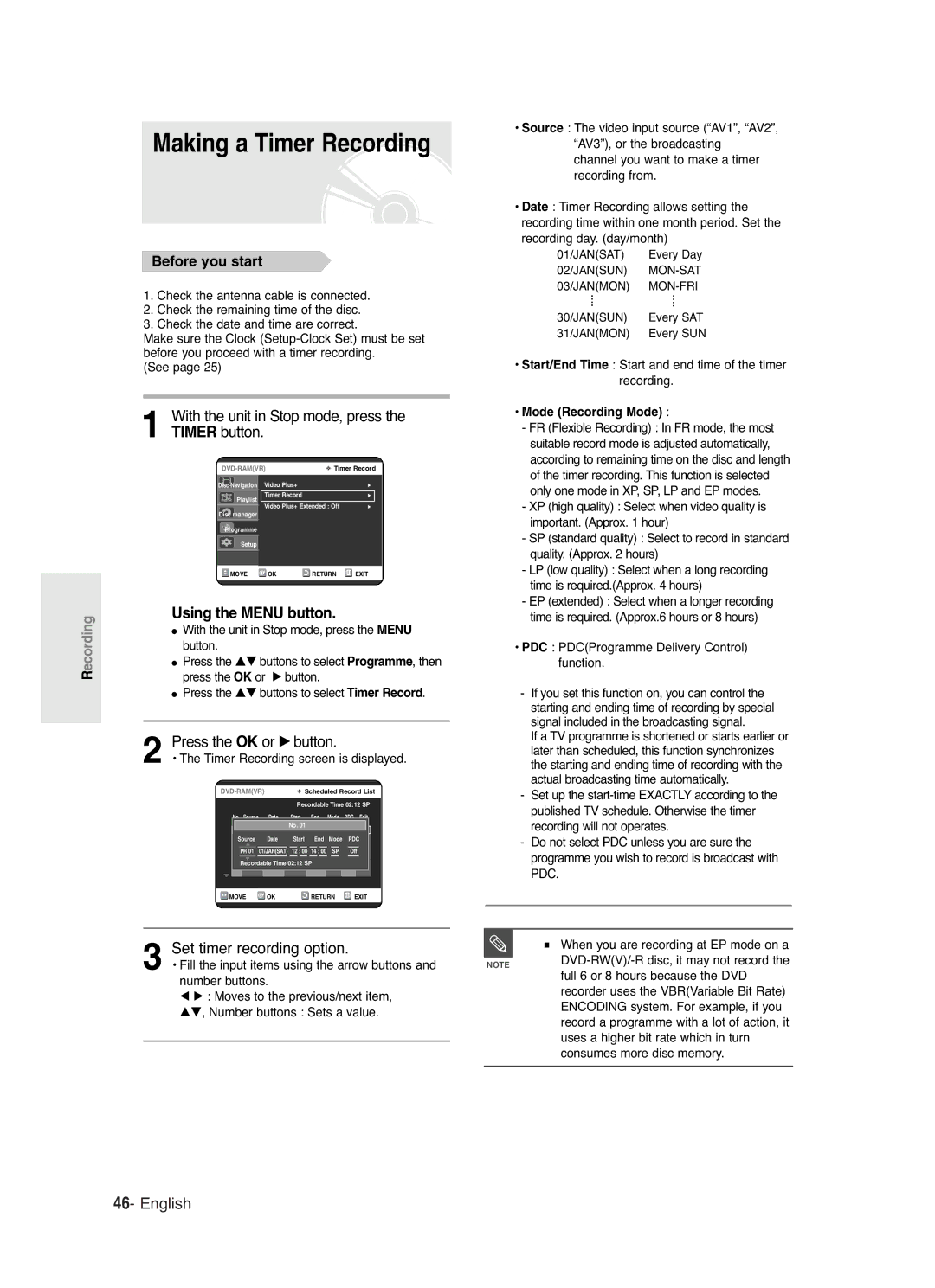 Samsung DVD-R125 Making a Timer Recording, With the unit in Stop mode, press the Timer button, Using the Menu button 