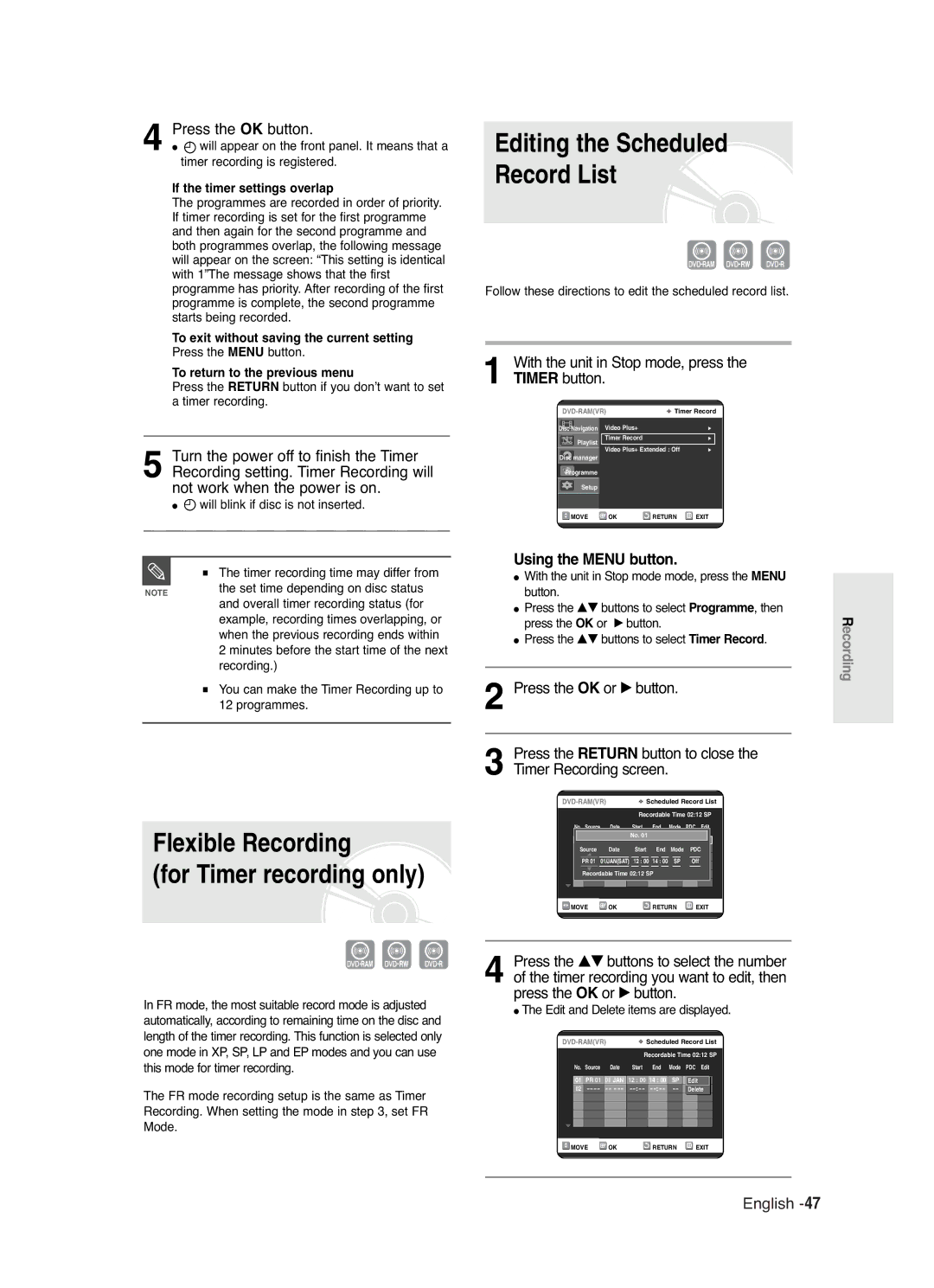 Samsung DVD-R125 Flexible Recording For Timer recording only, Press the OK button, If the timer settings overlap 