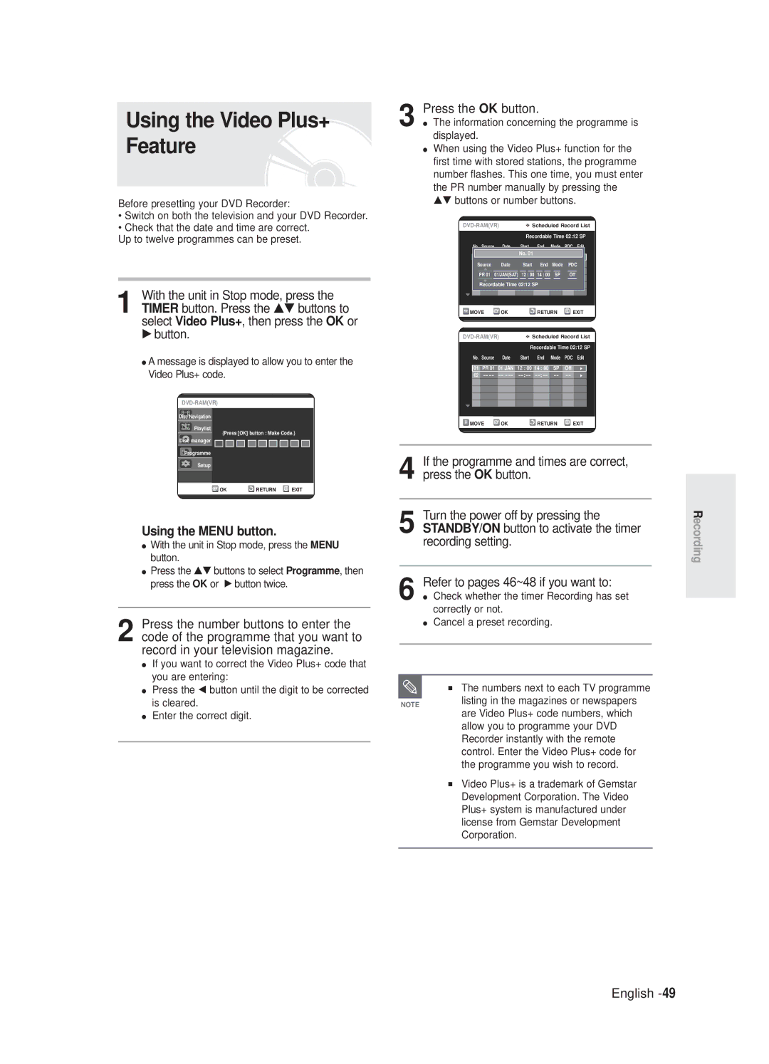 Samsung DVD-R125 instruction manual Using the Video Plus+ Feature 