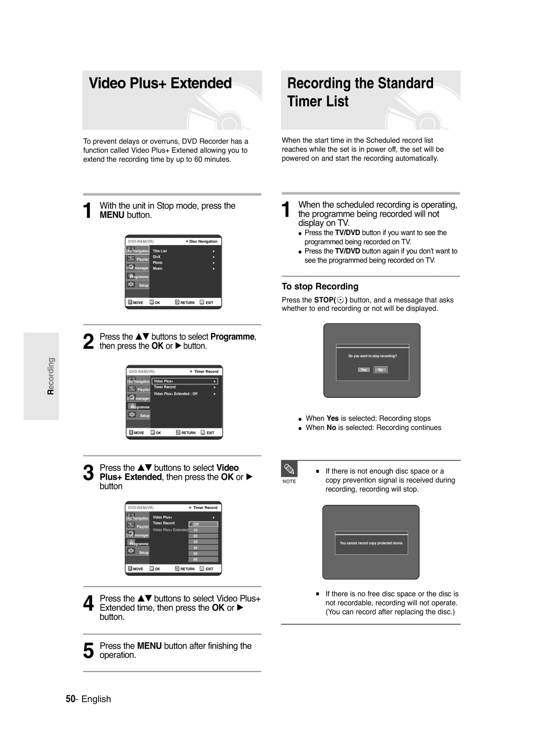 Samsung DVD-R125 instruction manual Video Plus+ Extended, Timer List, With the unit in Stop mode, press the Menu button 