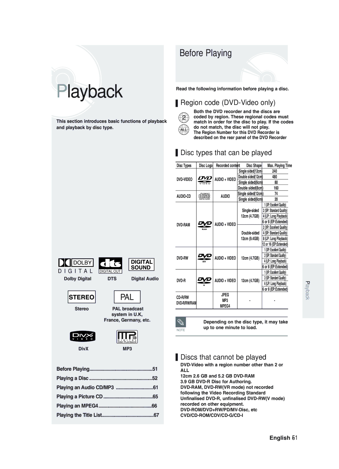 Samsung DVD-R125 instruction manual Playback 