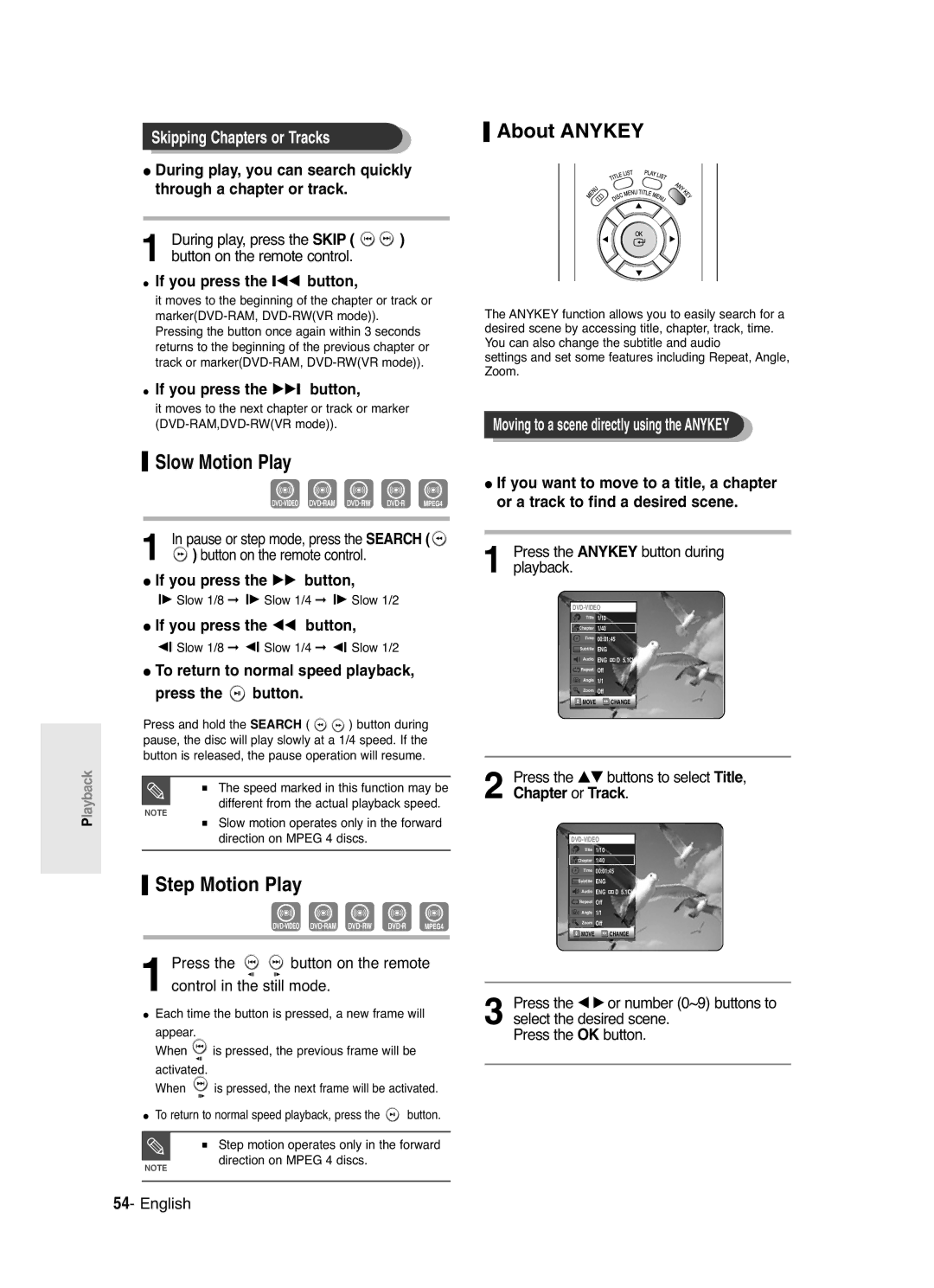 Samsung DVD-R125 instruction manual About Anykey, Slow Motion Play, Step Motion Play, Skipping Chapters or Tracks 