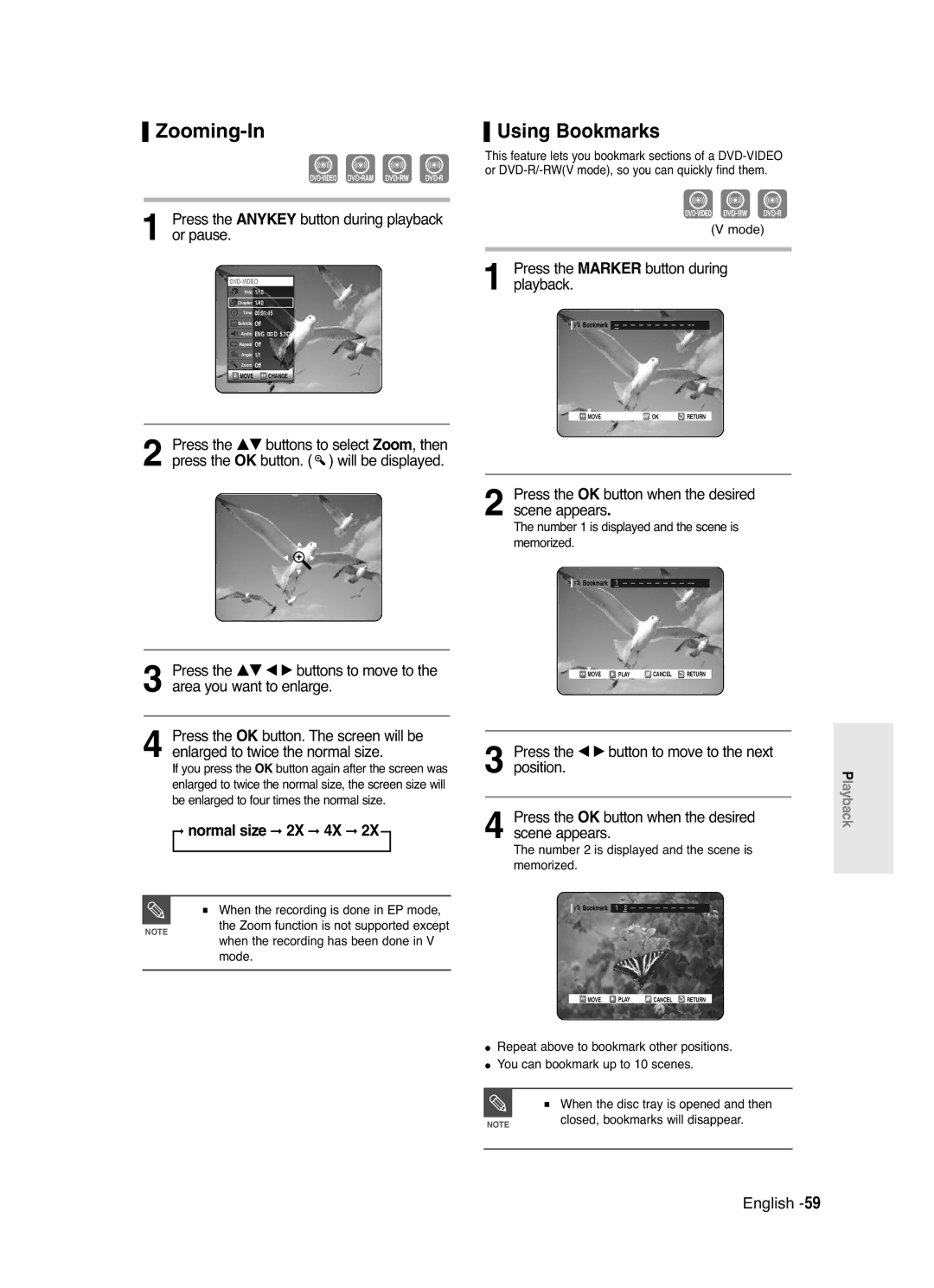 Samsung DVD-R125 instruction manual Zooming-In, Using Bookmarks, Normal size 2X 4X 