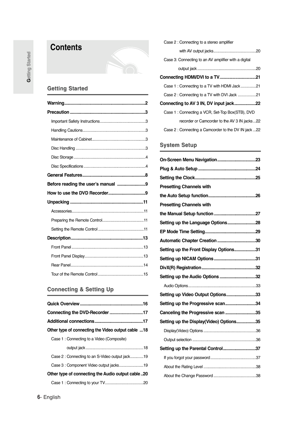 Samsung DVD-R125 instruction manual Contents 