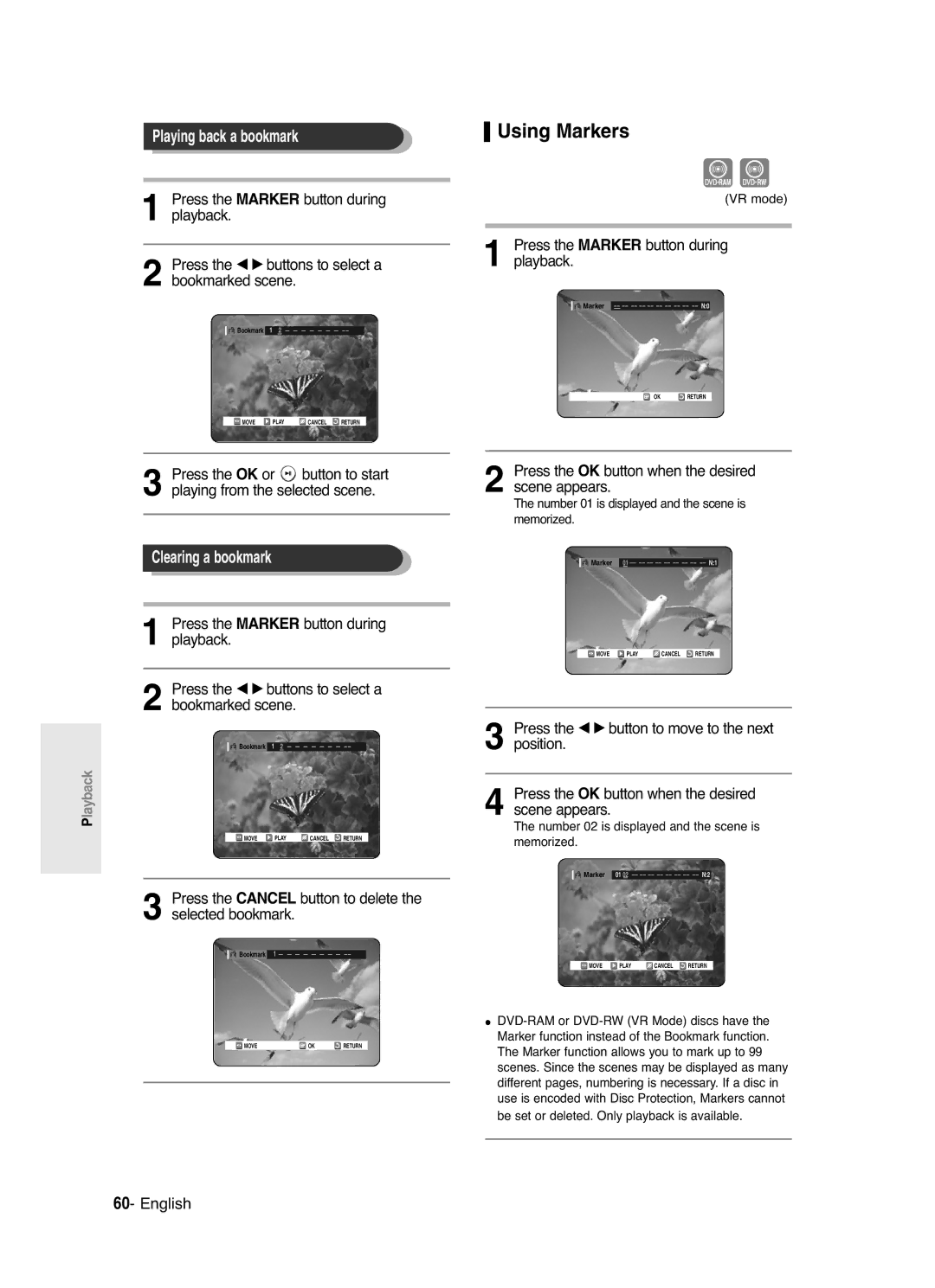 Samsung DVD-R125 instruction manual Using Markers, Playing back a bookmark, Clearing a bookmark 