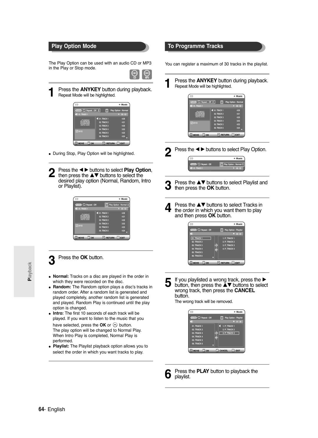 Samsung DVD-R125 instruction manual Play Option Mode To Programme Tracks, Press the œ √ buttons to select Play Option 