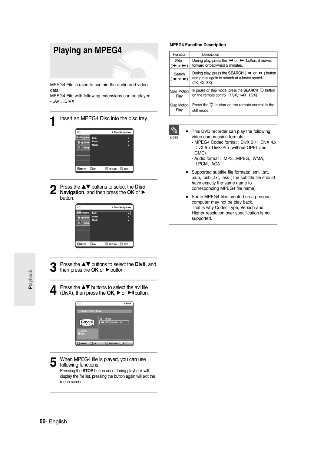 Samsung DVD-R125 instruction manual Playing an MPEG4, Insert an MPEG4 Disc into the disc tray, MPEG4 Function Description 