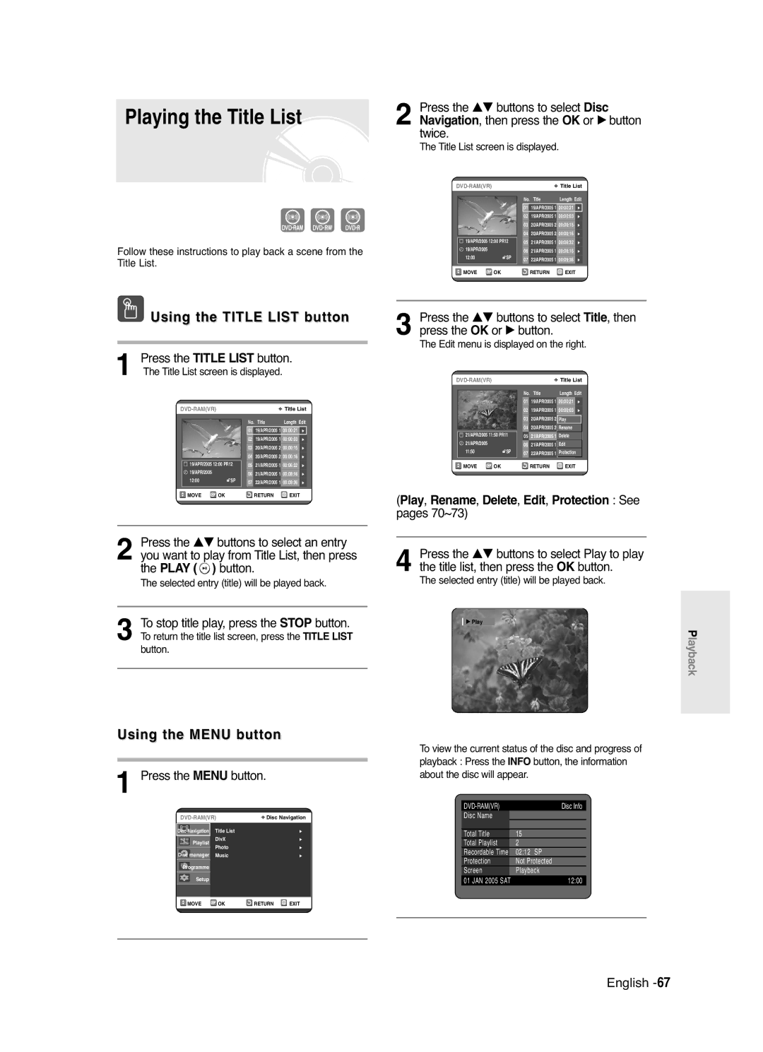 Samsung DVD-R125 Playing the Title List, Play, Rename, Delete, Edit, Protection See pages 70~73, Press the Menu button 