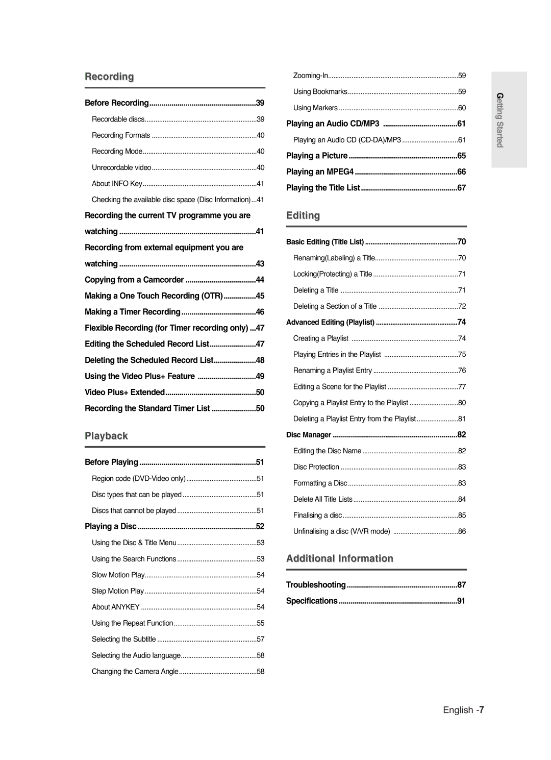 Samsung DVD-R125 instruction manual Before Recording, Before Playing, Playing a Disc, Playing an Audio CD/MP3, Disc Manager 