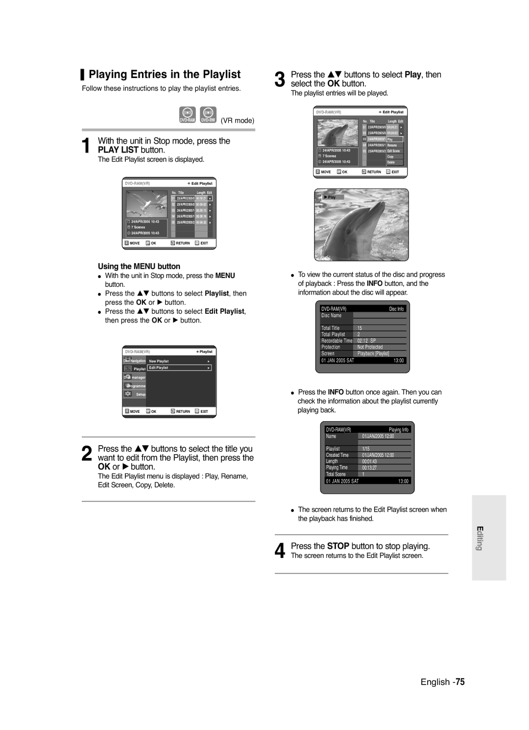 Samsung DVD-R125 instruction manual Playing Entries in the Playlist, With the unit in Stop mode, press the Play List button 