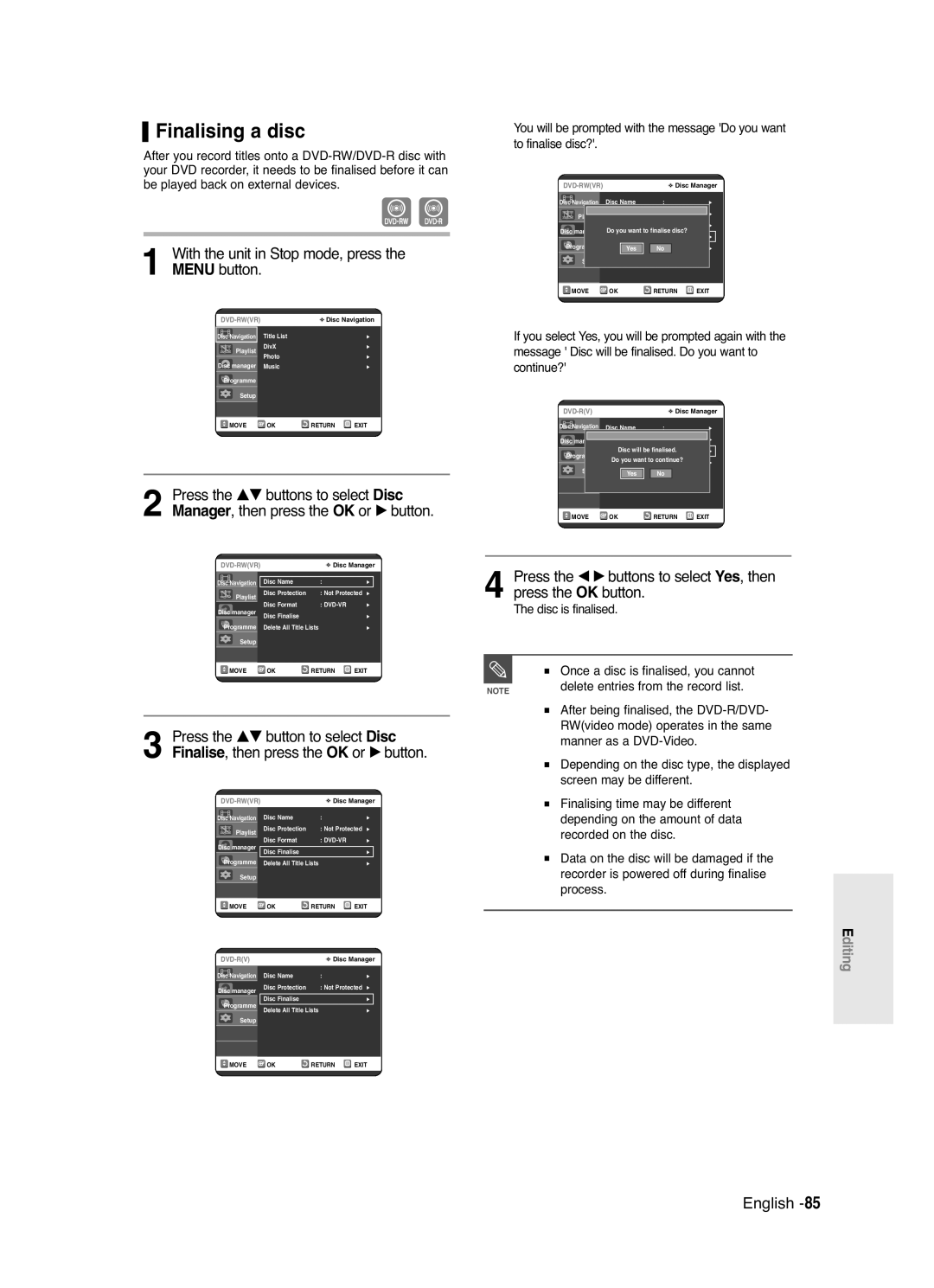 Samsung DVD-R125 instruction manual Finalising a disc, Disc is finalised 