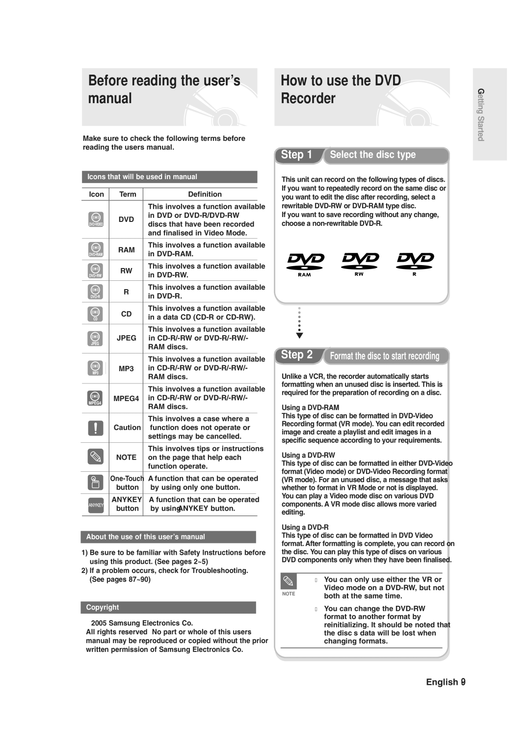 Samsung DVD-R125 instruction manual Before reading the user’s 