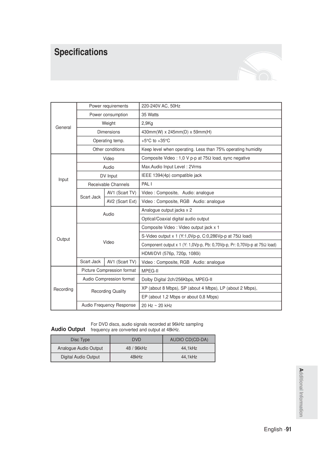 Samsung DVD-R125 instruction manual Specifications 