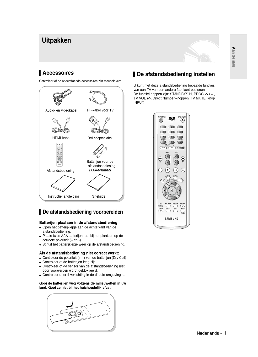 Samsung DVD-R125/XEF Uitpakken, Accessoires, De afstandsbediening instellen, Batterijen plaatsen in de afstandsbediening 