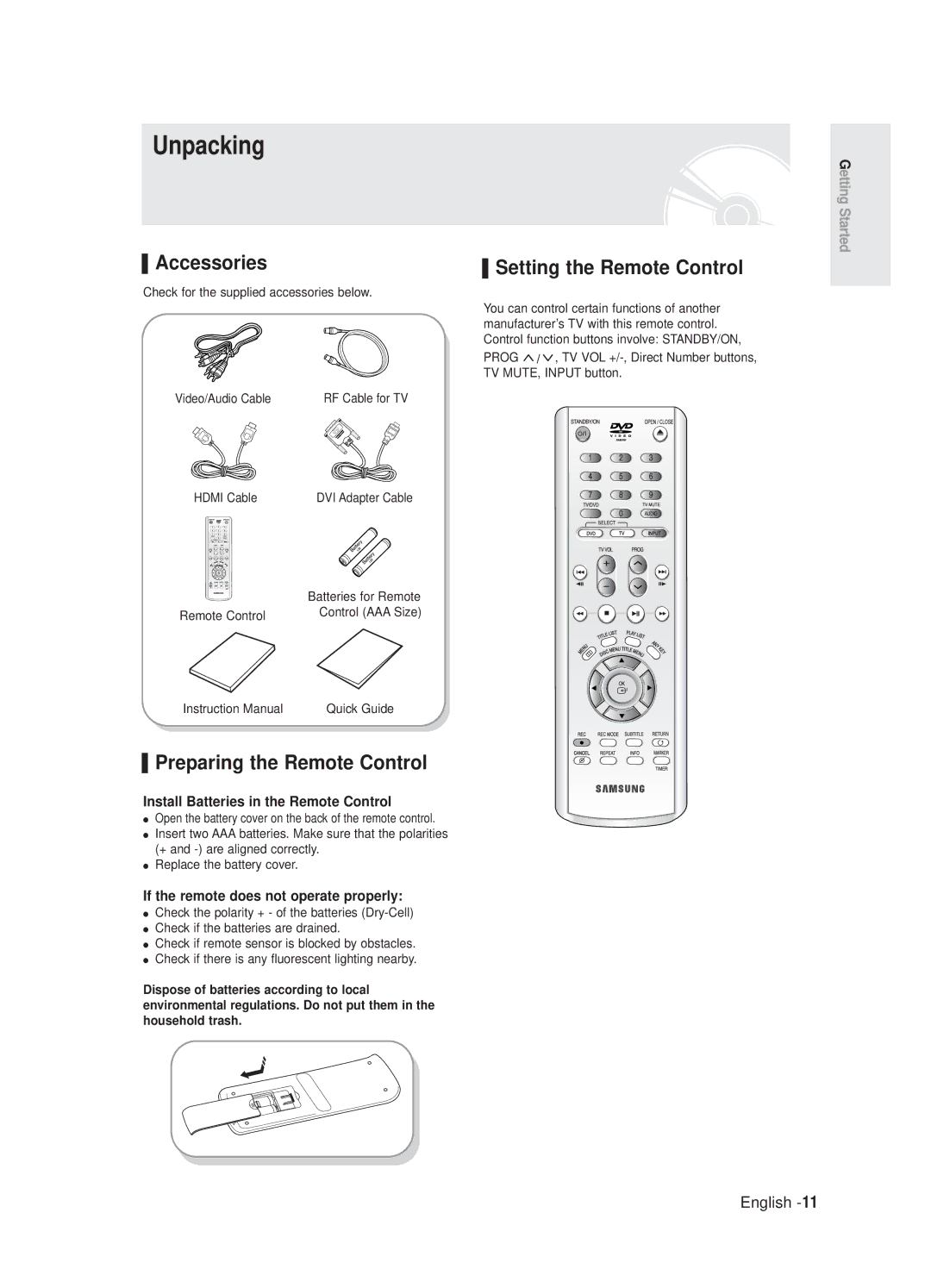 Samsung DVD-R125/XEF, DVD-R125P manual Unpacking, Accessories, Preparing the Remote Control, Setting the Remote Control 