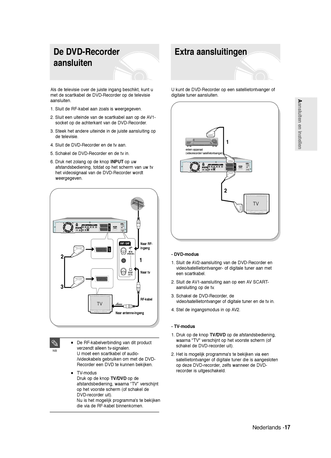 Samsung DVD-R125/XEF, DVD-R125P manual De DVD-Recorder, Aansluiten, DVD-modus, TV-modus 