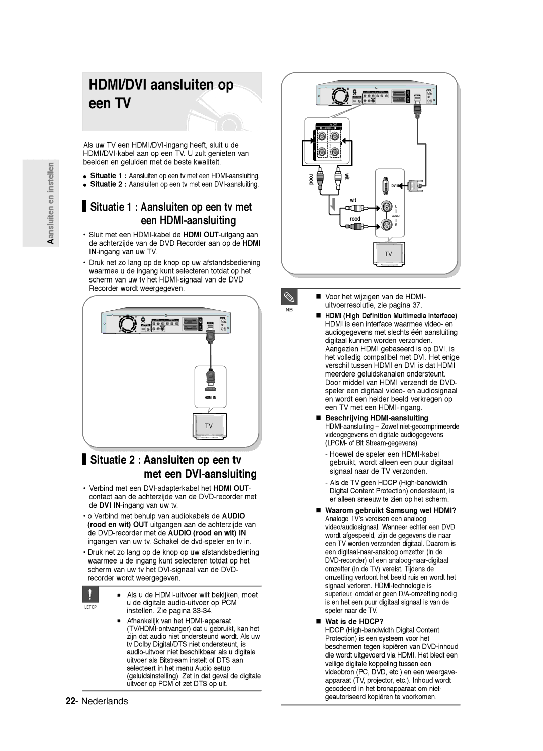 Samsung DVD-R125P, DVD-R125/XEF HDMI/DVI aansluiten op een TV, Situatie 1 Aansluiten op een tv met, Een HDMI-aansluiting 