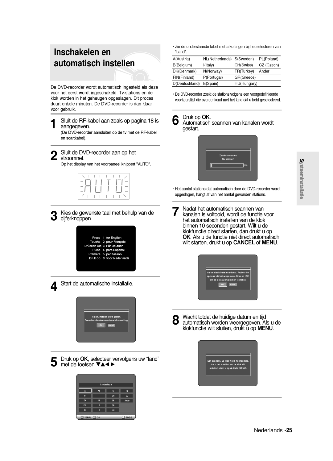 Samsung DVD-R125/XEF, DVD-R125P manual Inschakelen en automatisch instellen 