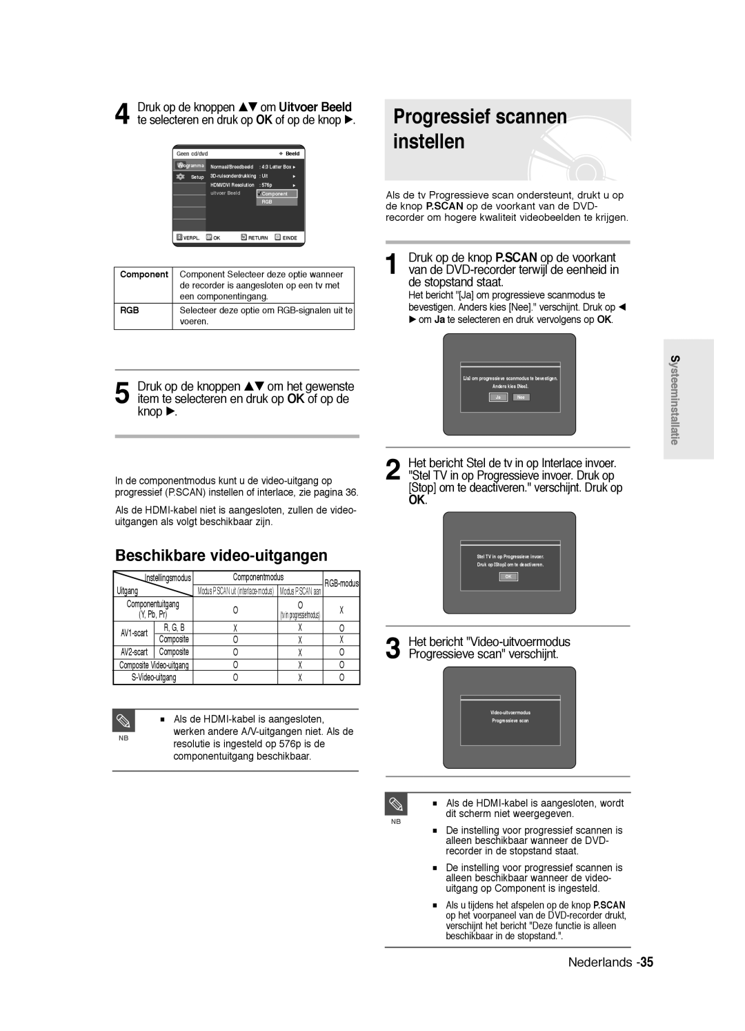 Samsung DVD-R125/XEF, DVD-R125P manual Progressief scannen instellen, Beschikbare video-uitgangen 