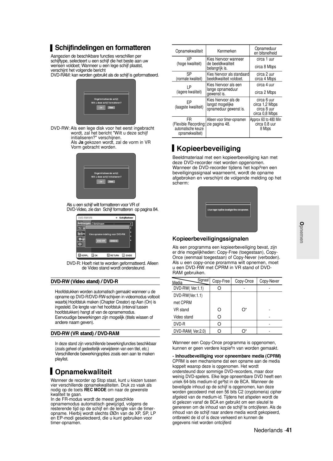 Samsung DVD-R125/XEF, DVD-R125P manual Schijfindelingen en formatteren, Opnamekwaliteit, Kopieerbeveiligingssignalen 