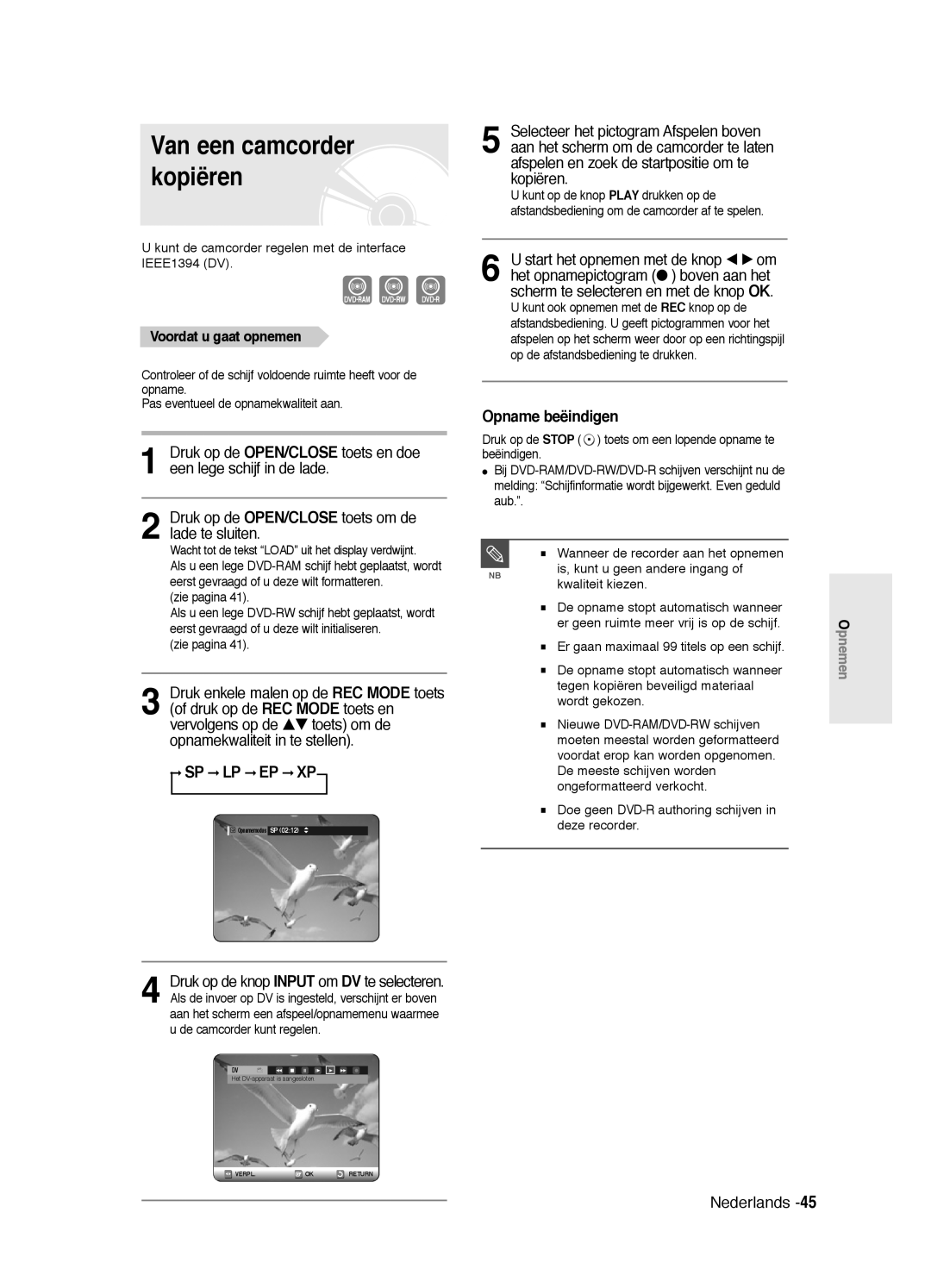 Samsung DVD-R125/XEF, DVD-R125P manual Van een camcorder kopiëren, Kunt de camcorder regelen met de interface IEEE1394 DV 