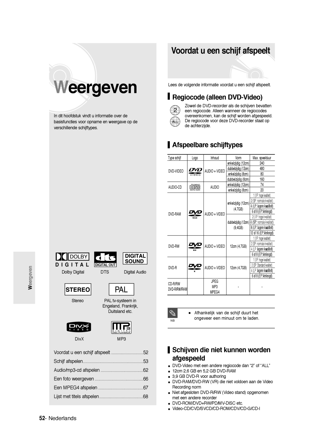 Samsung DVD-R125P, DVD-R125/XEF manual Voordat u een schijf afspeelt, Regiocode alleen DVD-Video, Afspeelbare schijftypes 