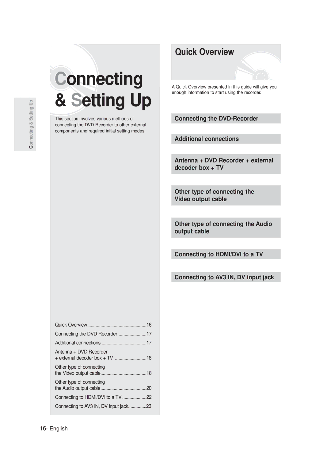 Samsung DVD-R125P Quick Overview, This section involves various methods, Connecting the DVD Recorder to other external 