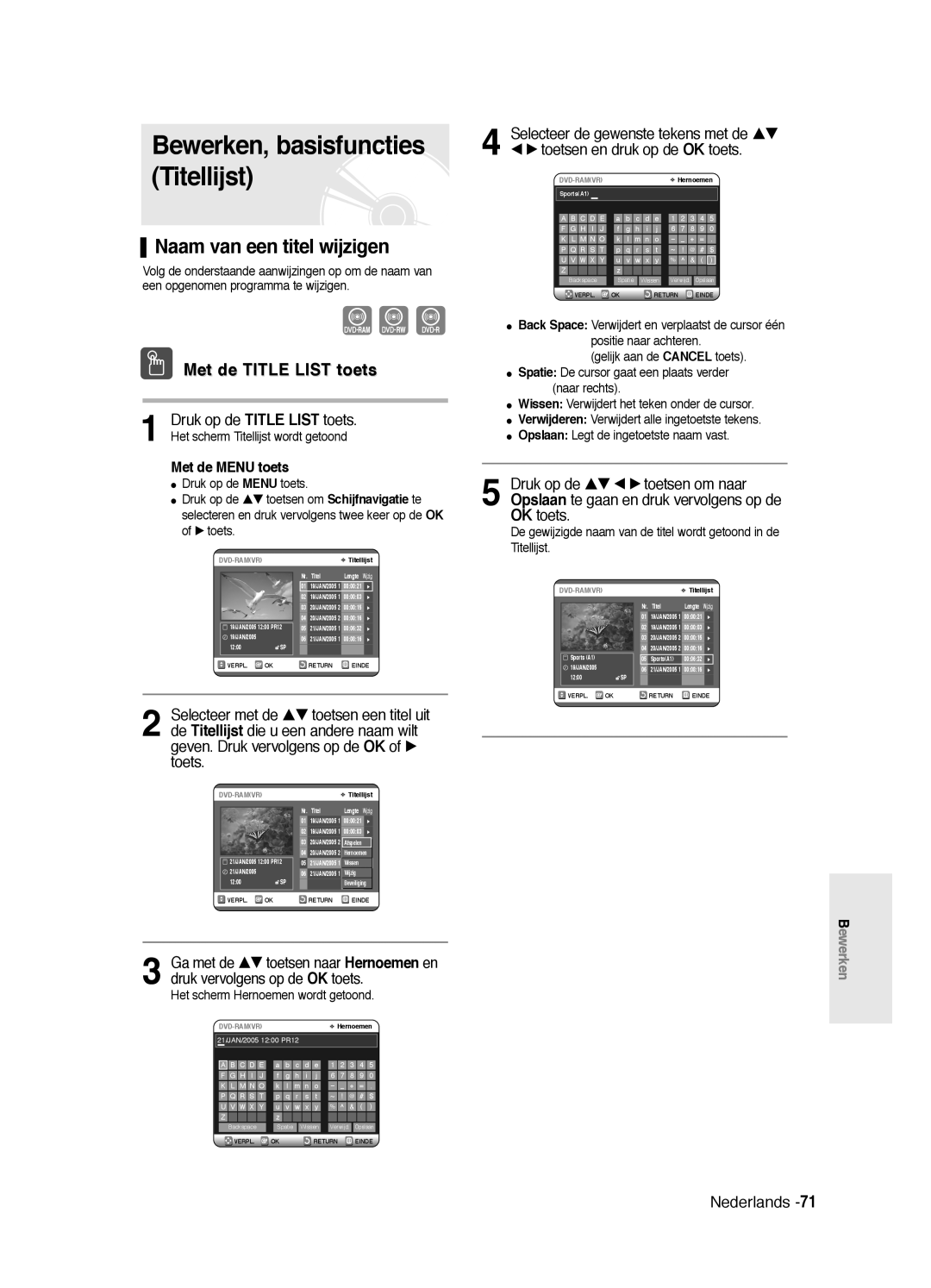 Samsung DVD-R125/XEF, DVD-R125P manual Bewerken, basisfuncties Titellijst, Naam van een titel wijzigen, Met de Menu toets 