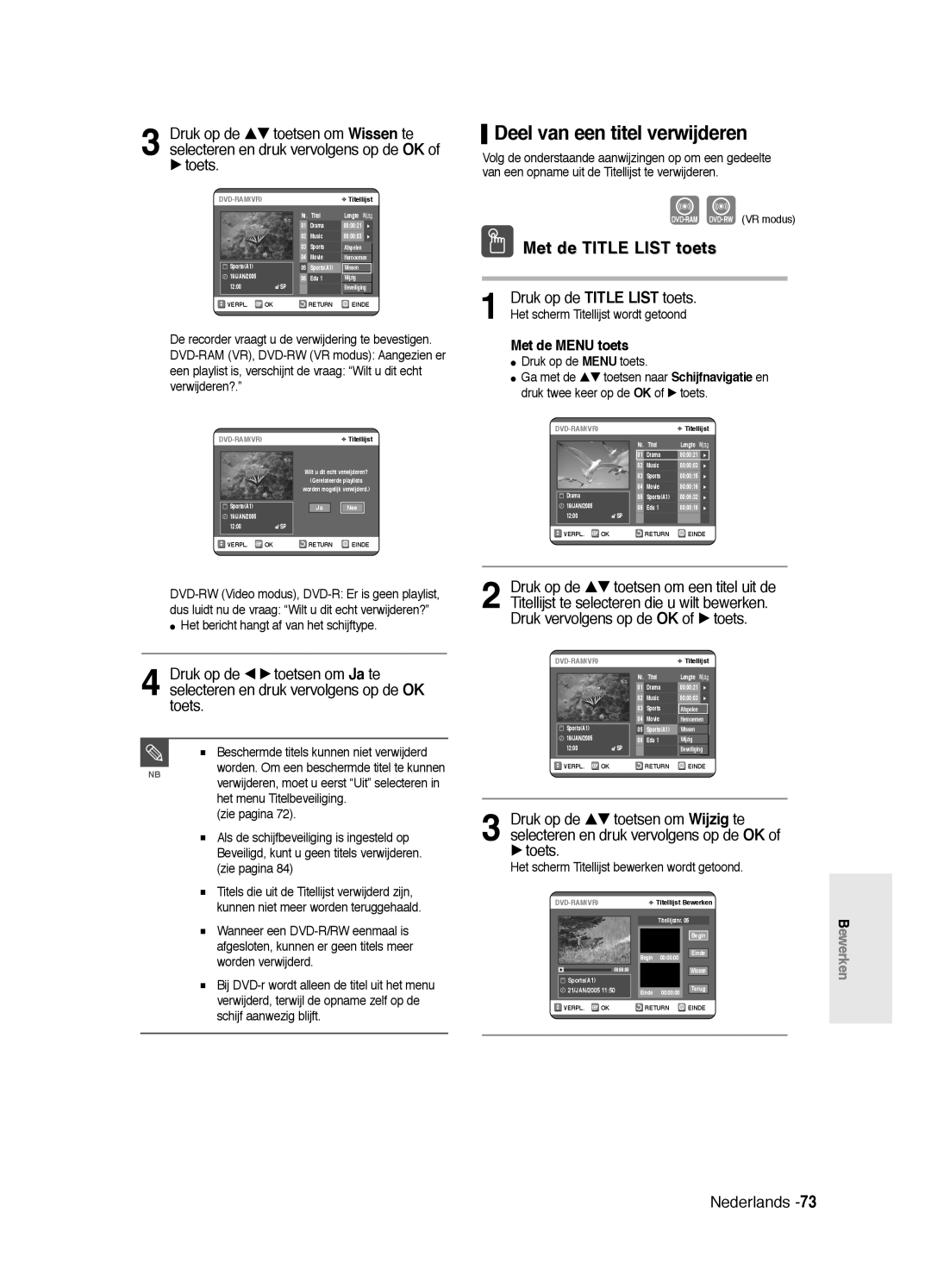 Samsung DVD-R125/XEF, DVD-R125P manual Deel van een titel verwijderen, Druk op de …† toetsen om Wijzig te 