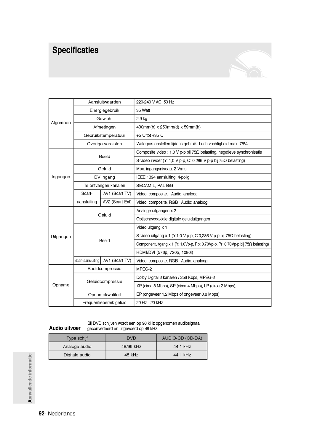 Samsung DVD-R125P, DVD-R125/XEF manual Specificaties 