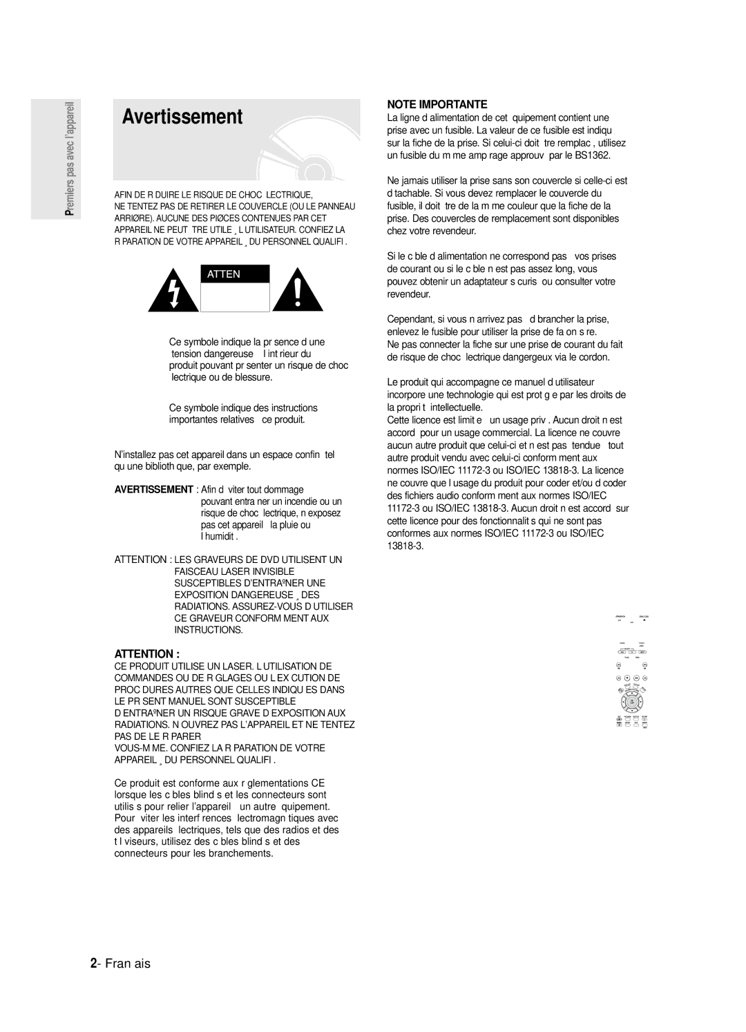 Samsung DVD-R125P, DVD-R125/XEF manual Avertissement, Français 