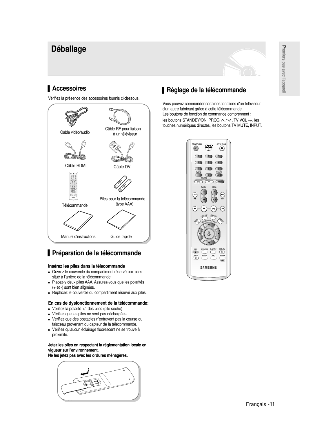 Samsung DVD-R125/XEF, DVD-R125P manual Déballage, Préparation de la télécommande, Réglage de la télécommande 