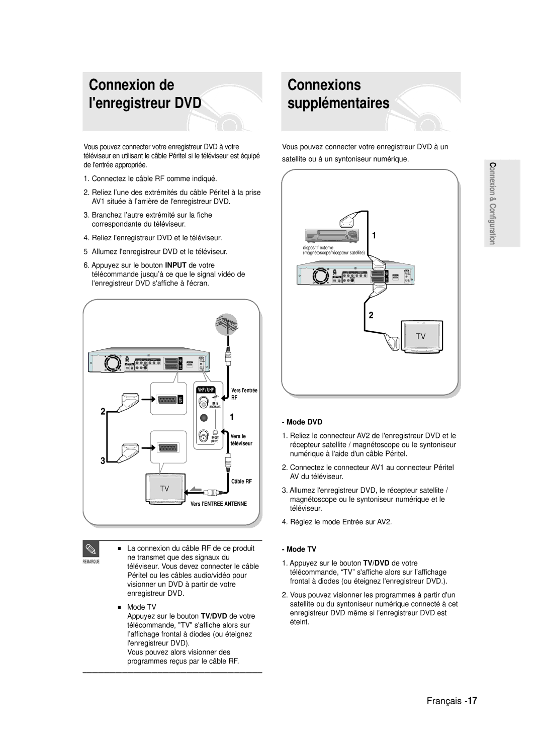 Samsung DVD-R125/XEF, DVD-R125P manual Connexion de Connexions Lenregistreur DVD, Mode DVD, Mode TV, Éteint 