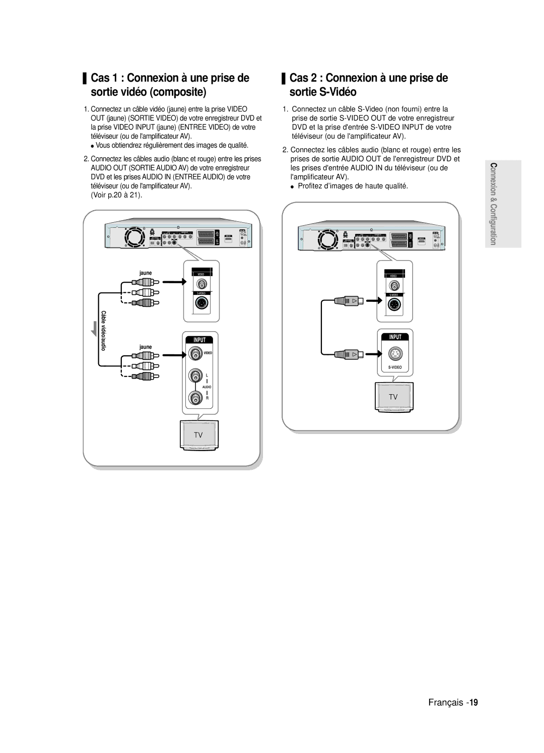 Samsung DVD-R125/XEF Cas 2 Connexion à une prise de sortie S-Vidéo, Vous obtiendrez régulièrement des images de qualité 