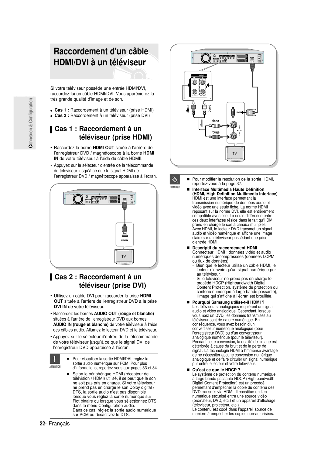 Samsung DVD-R125P manual Raccordement dun câble HDMI/DVI à un téléviseur, Cas 1 Raccordement à un, Té lé viseur prise Hdmi 