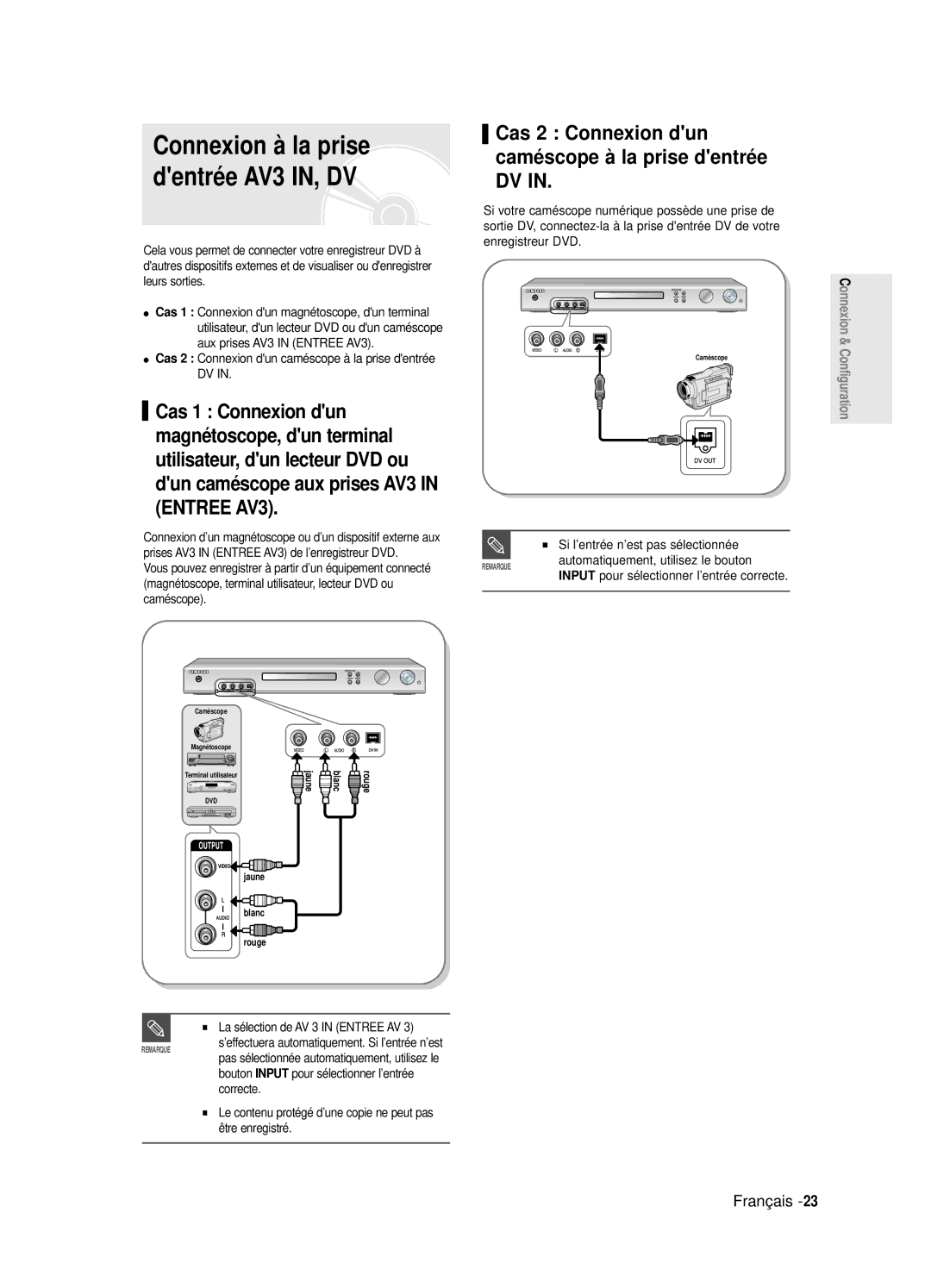 Samsung DVD-R125/XEF manual Connexion à la prise dentrée AV3 IN, DV, Cas 2 Connexion dun camé scope à la prise dentré e DV 