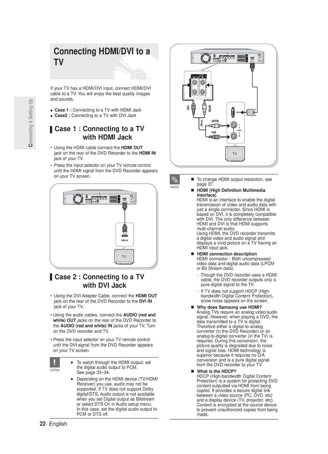 Samsung DVD-R125P, DVD-R125/XEF manual Connecting HDMI/DVI to a, Case 2 Connecting to a TV, With DVI Jack 