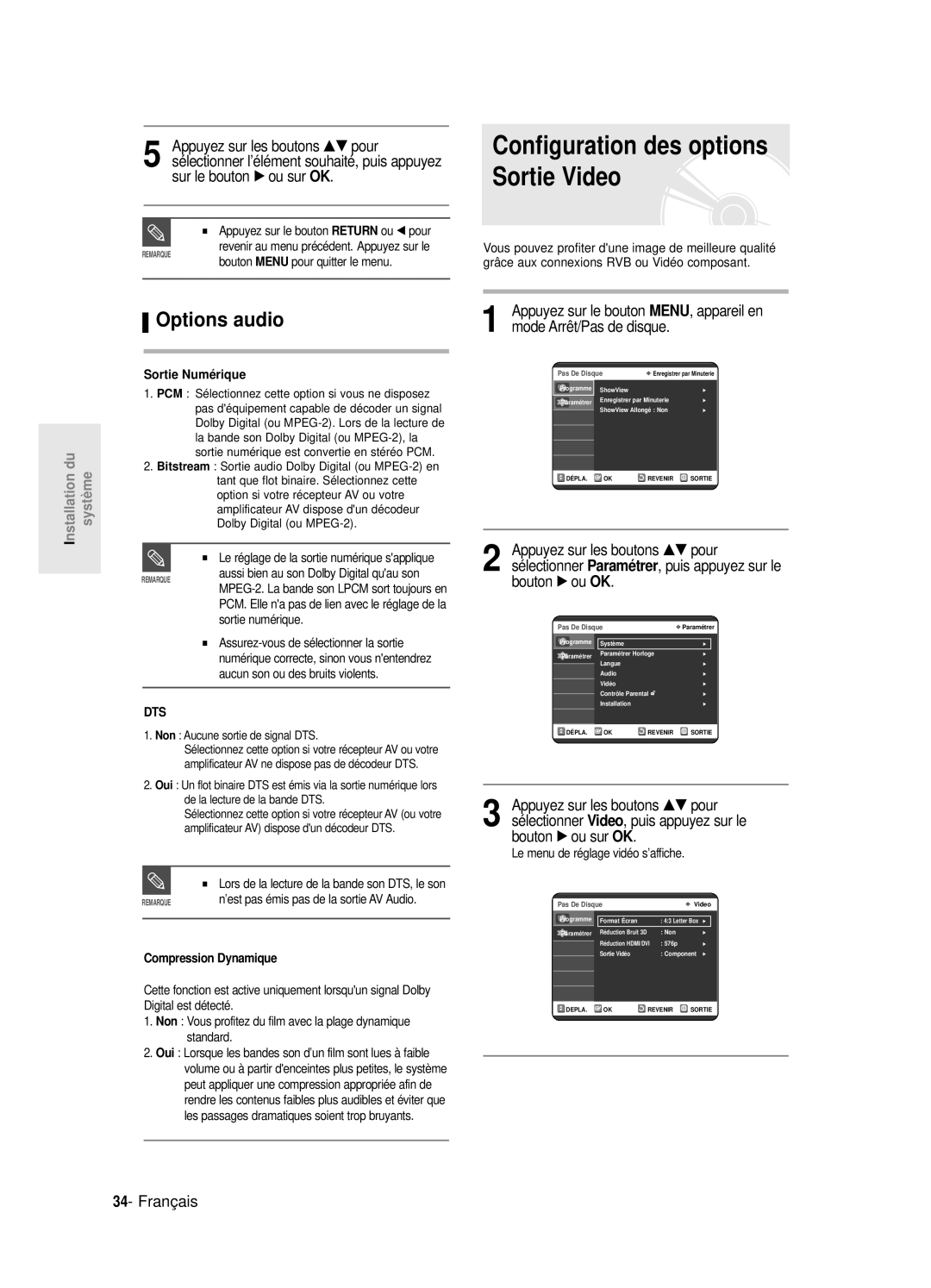 Samsung DVD-R125P, DVD-R125/XEF manual Options audio, Sortie Numé rique, Compression Dynamique 