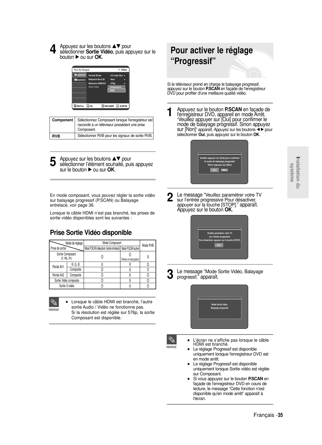 Samsung DVD-R125/XEF, DVD-R125P manual Prise Sortie Vidéo disponible, Appuyez sur le bouton OK 