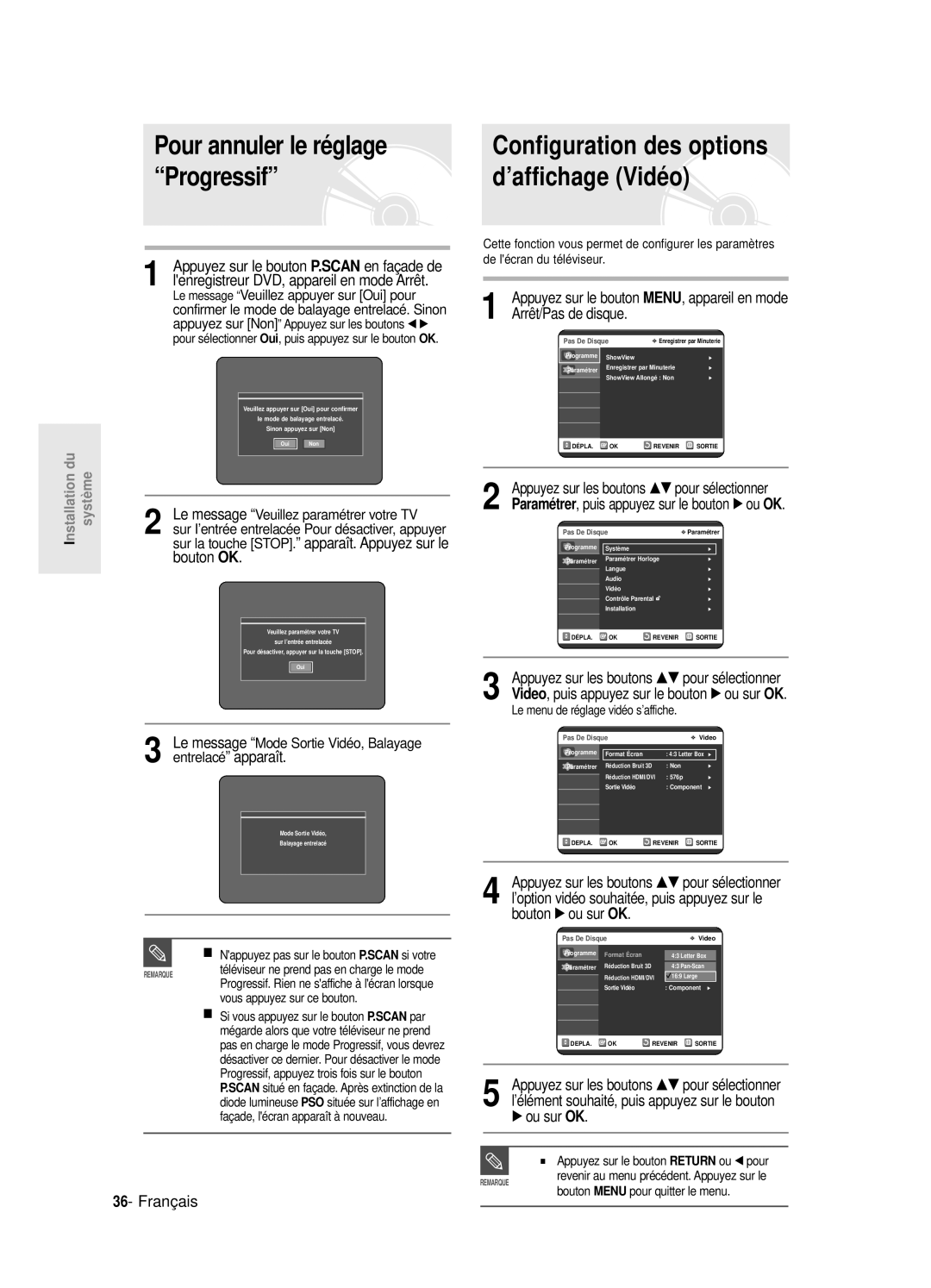 Samsung DVD-R125P manual Pour annuler le réglage, Progressif ’affichage Vidéo, Bouton OK, Arrêt/Pas de disque, √ ou sur OK 