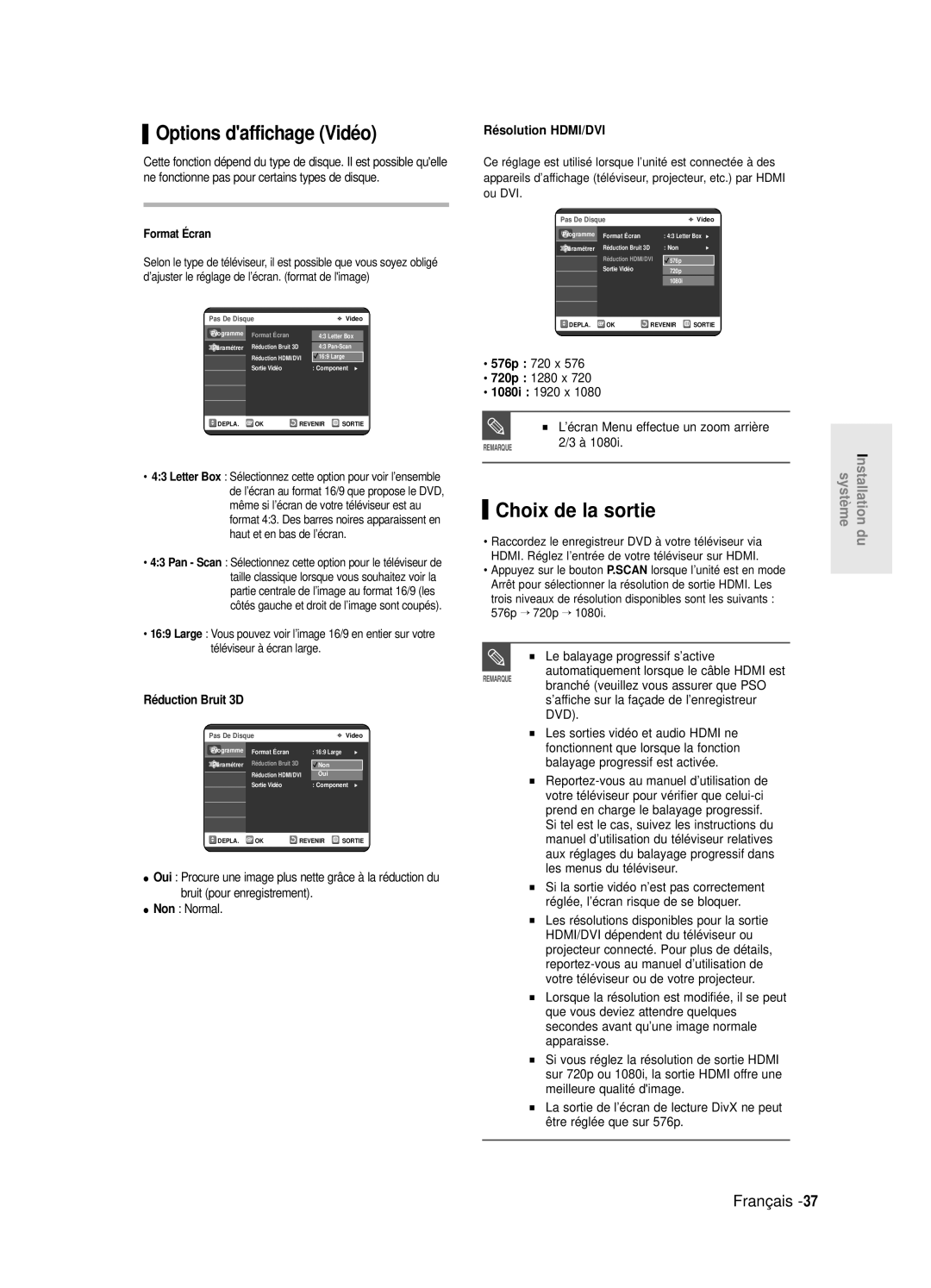 Samsung DVD-R125/XEF Options daffichage Vidéo, Choix de la sortie, Ré solution HDMI/DVI, Le balayage progressif s’active 