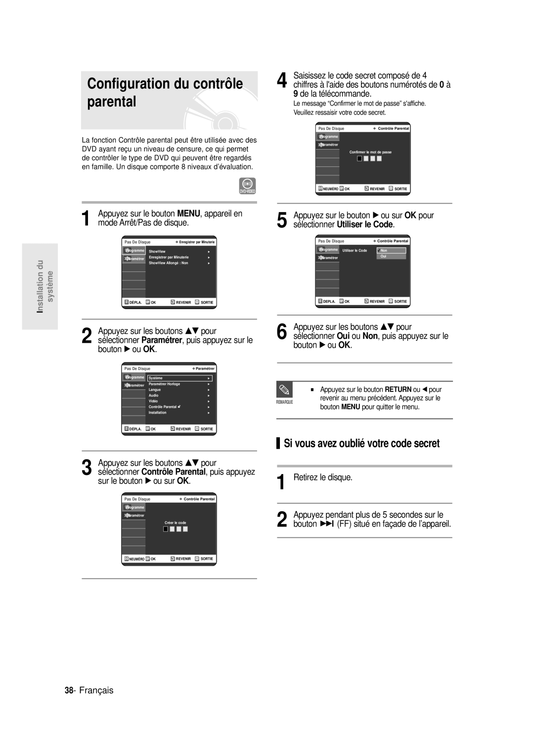 Samsung DVD-R125P, DVD-R125/XEF manual Configuration du contrô le parental, Si vous avez oublié votre code secret 