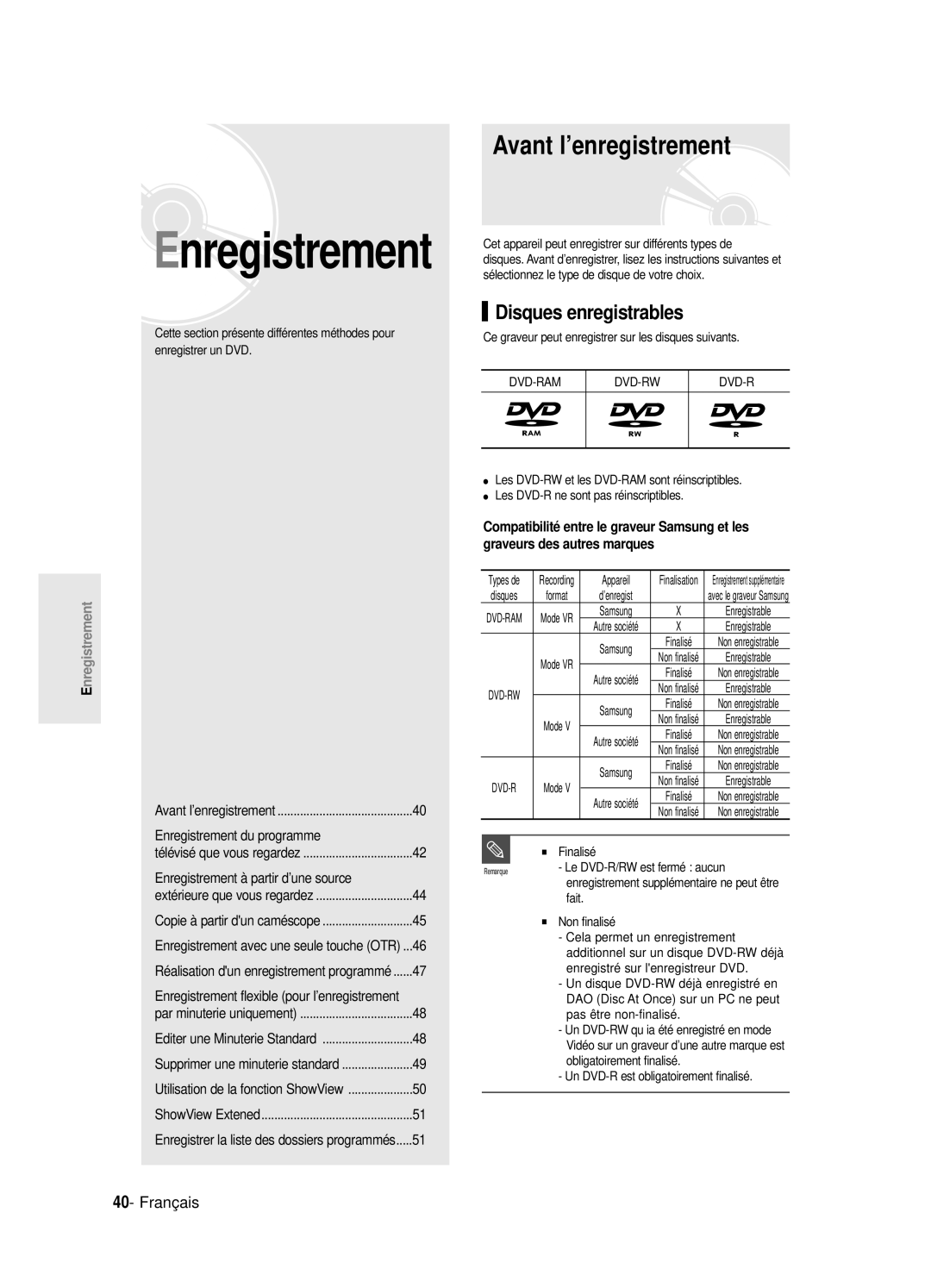 Samsung DVD-R125P, DVD-R125/XEF manual Avant l’enregistrement, Disques enregistrables 