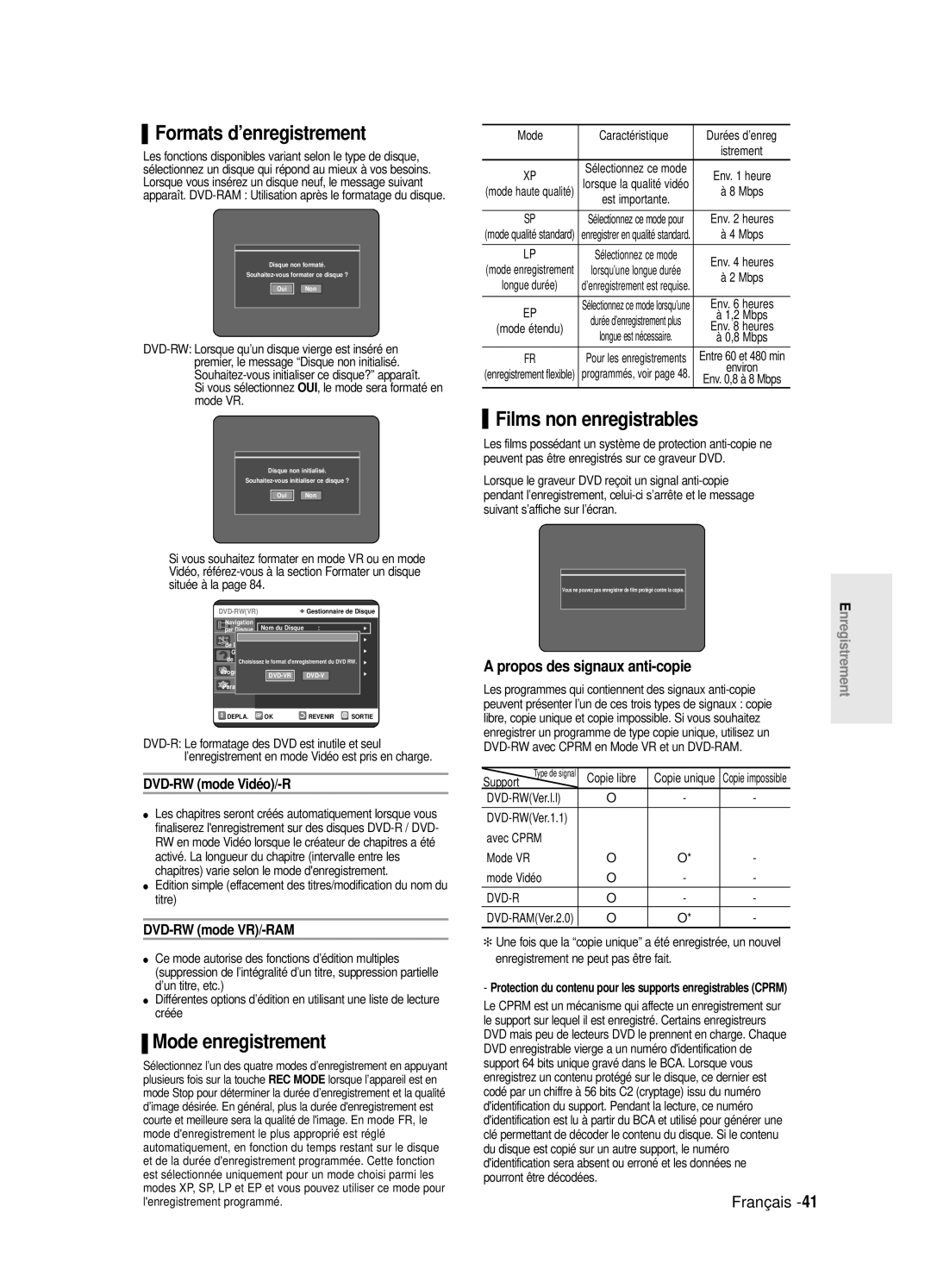 Samsung DVD-R125/XEF, DVD-R125P manual Formats d’enregistrement, Mode enregistrement, Films non enregistrables 