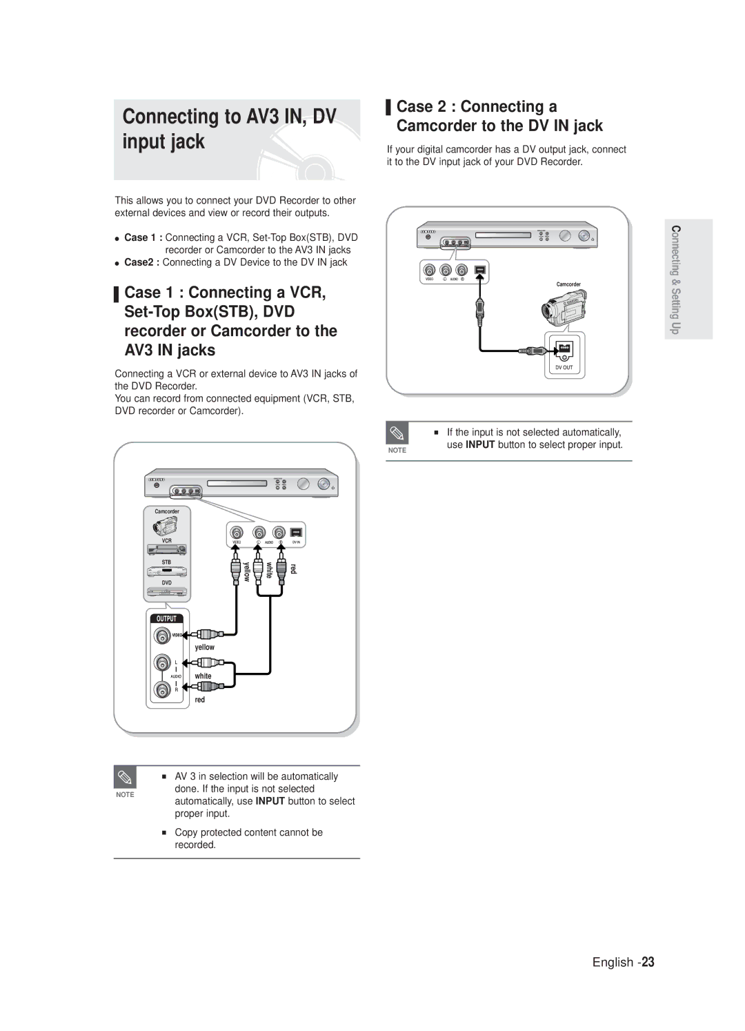 Samsung DVD-R125/XEF, DVD-R125P manual Connecting to AV3 IN, DV input jack, Case2 Connecting a DV Device to the DV in jack 